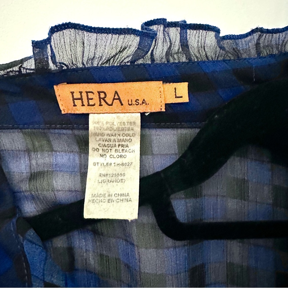 Hera Blue Ruffled Checkered Blouse with Rhinetone Buttons - Picture 4 of 4